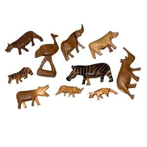 Vintage Hand Carved & Hand Painted Wooden African Animal Figurines - Set of 10